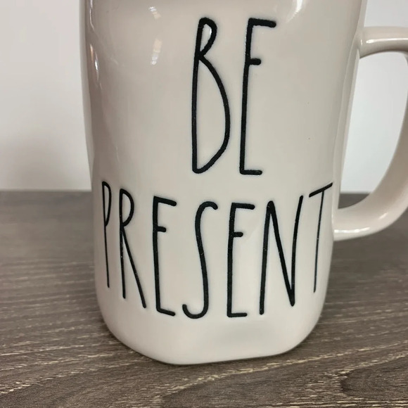 Rae Dunn Coffee Mug Be Present White Black Ceramic Letters Script Magenta - Picture 2 of 6